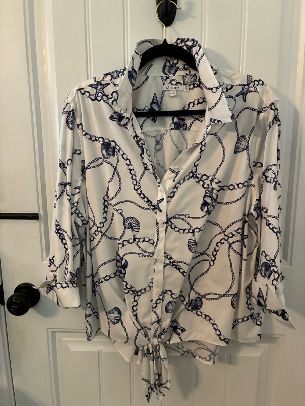 Chico's White & Navy Coastal Chain Print Tie-Hem Oxford Shirt